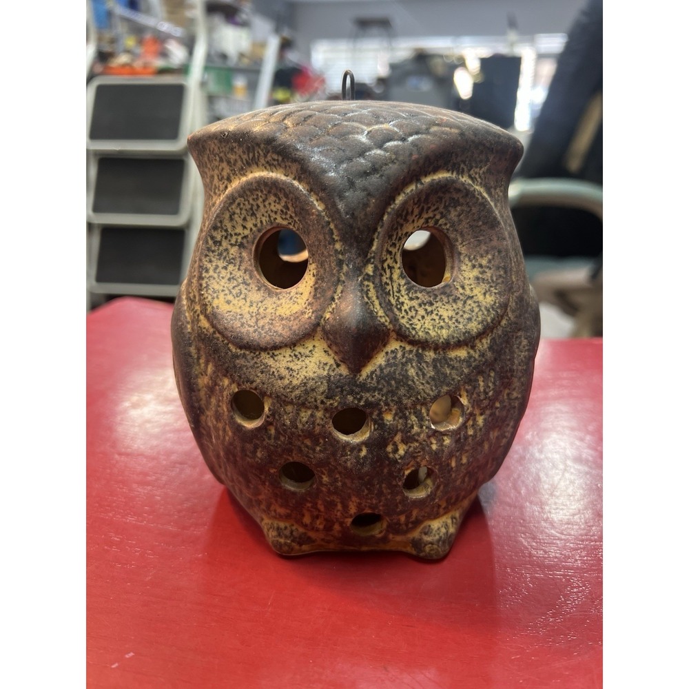 Ceramic Owl Candle Holder Vintage Hanging 2 sided Votive Vent Holes Brown 5.5"